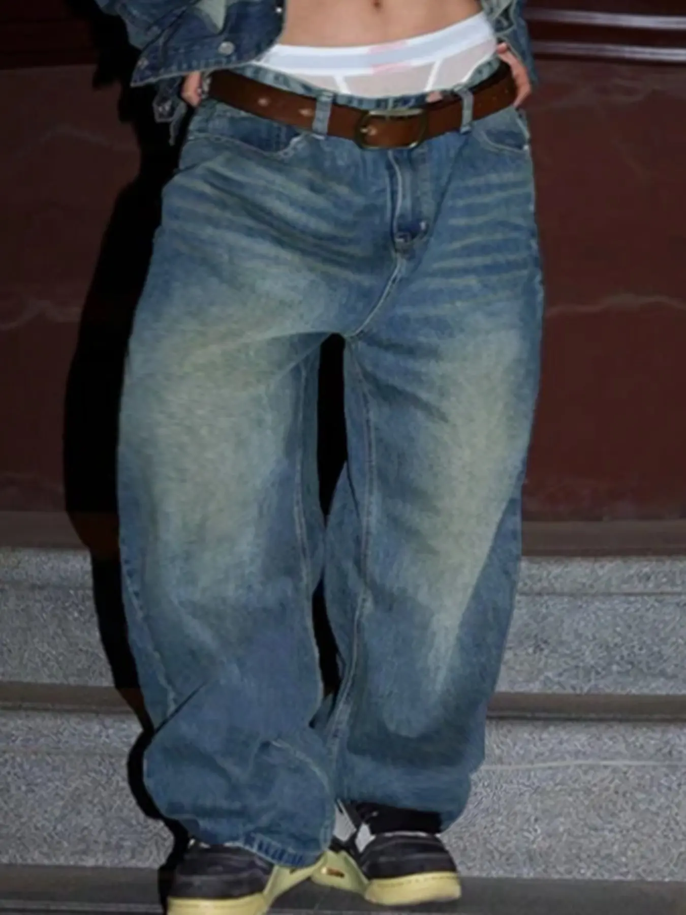 Men's Vintage Stripe Washed Denim Jeans, Loose Baggy Wide Leg, Y2K Hip Hop Streetwear, Urban Daily, Fall Winter Fashion
