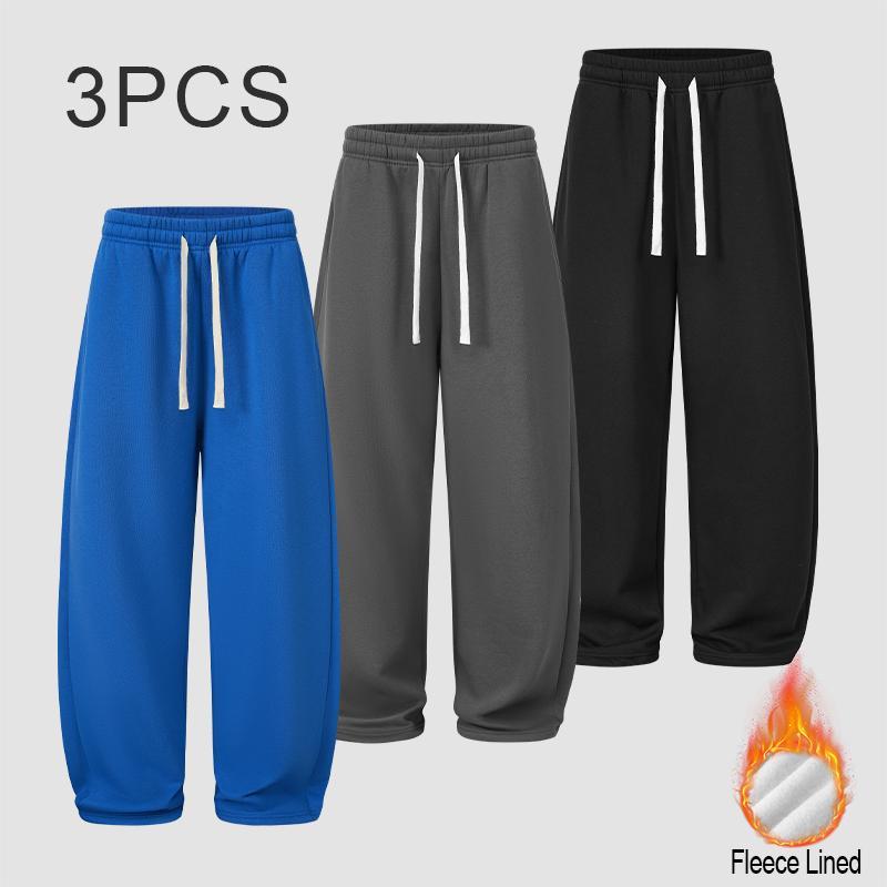 Men’s 3-pack heavyweight sweatpants with 25% cotton, loose casual fit for autumn/winter, fleece-lined warm straight-leg pants, practical mid-rise comfortable solid-color wide-leg trousers, versatile for daily commuting, home wear, and going out