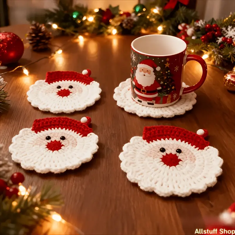 2pcs Handmade Crochet Santa Face Fabric Coasters - Holiday Theme Bag Accessory, Durable Drink Tray, Table Setting Accent, Unique Christmas Gift, Christmas Wreath Complement tiktokshopbacktoschool