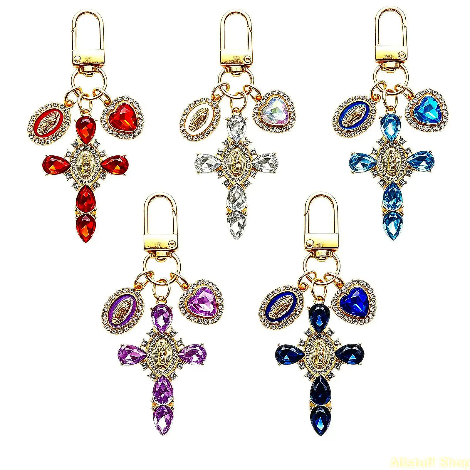 Women Rhinestone Gold Cross Keychain Catholic Faith Bag Charm for Purse Car Key