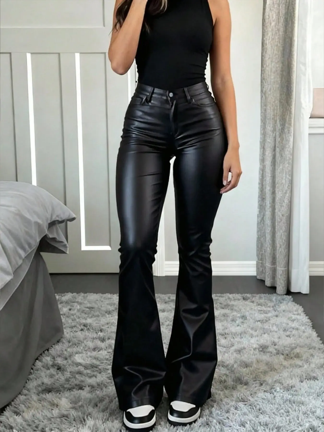 Nvfelix Women's Elegant PU Leather Micro Flare Long Pants, Comfortable Stretch Imitation Leather Pants for Office or Nightclub
