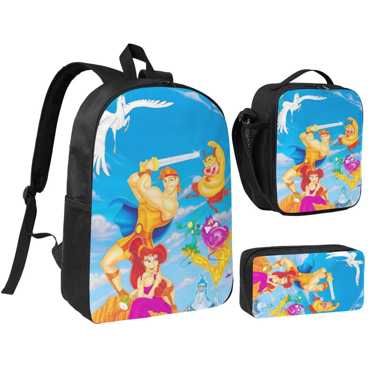 Anime Hercules2 3Pcs School Backpack Set for Teens Boys Girls, Adjustable Strap Kids Bookbag with Insulated Lunch Bag & Pencil Case, Lightweight Travel Office Daypack
