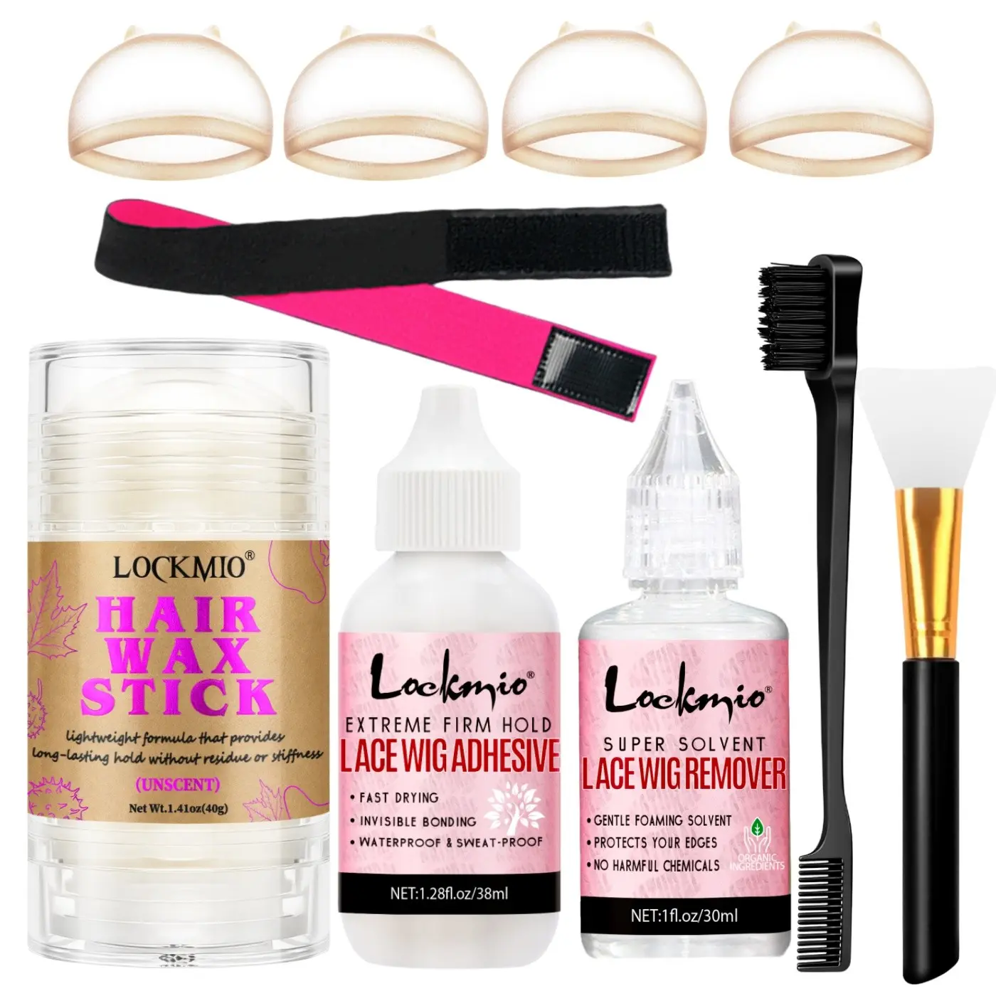 Wig Adhesive Set, Wig Wear Assist Tools, Mini Travel Size, Professional Lace Wig Glue Remover, Strong Hold, Sweat-proof, Edge Control Styling Wax Stick, Combing & Brushing Tools, HD Lace Wig Cap, Silicone Brush, Edge Brush, Wig Installation Kit
