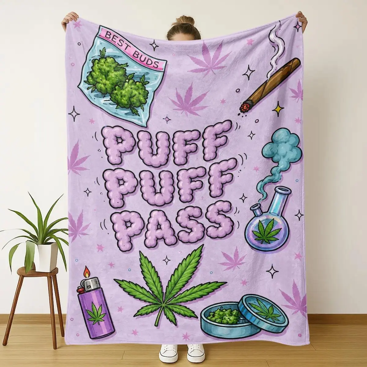 Cannabis Leaf Flannel Puff Puff Pass Throw Blanket - Soft, Durable, Wrinkle-Resistant, Lounging Blanket for Sofa Living Room Decor, Unique Home Accessories, Ideal Gift