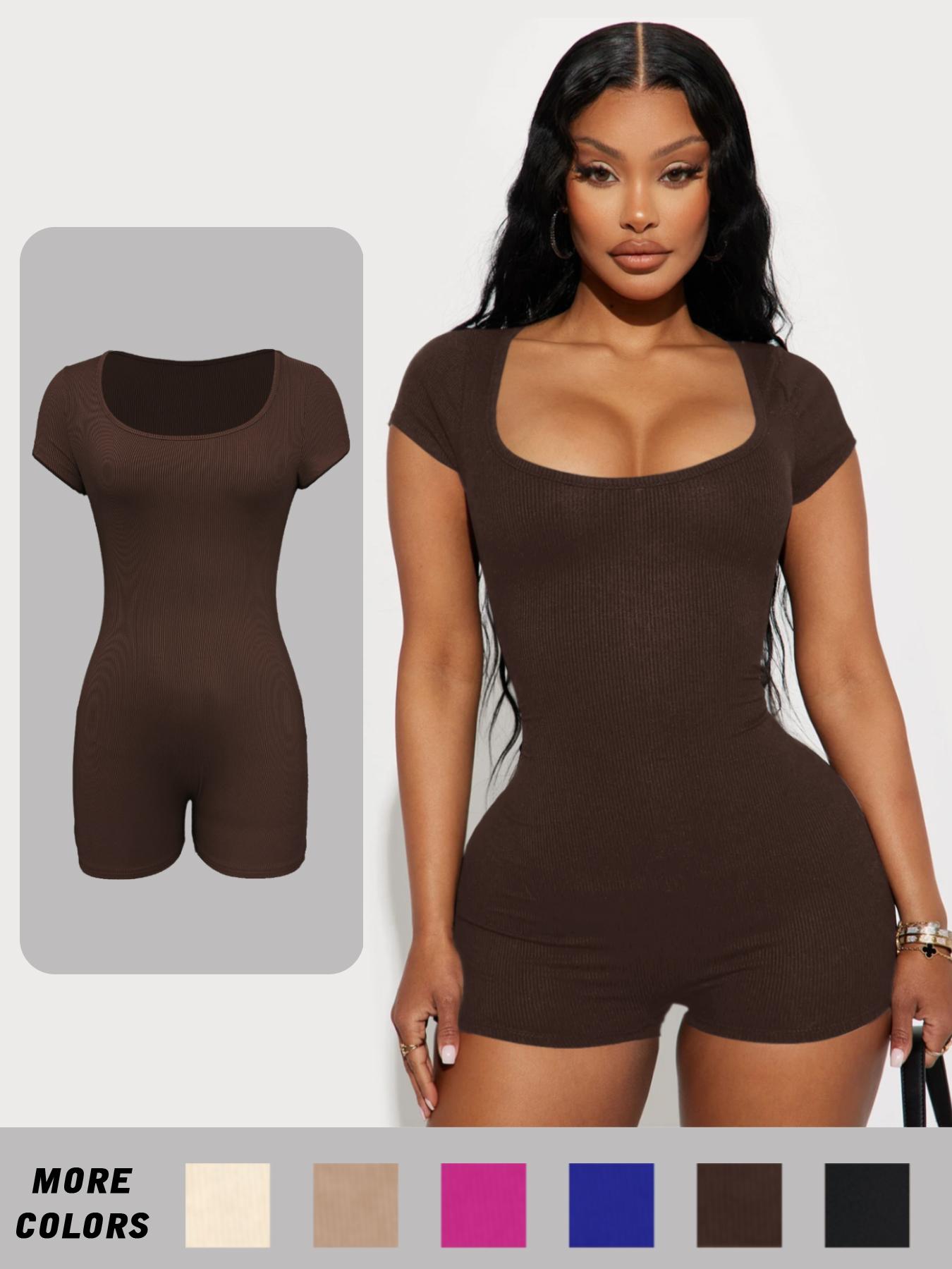 Women's Solid Scoop Neck Skinny Romper, Casual Short Sleeve Bodycon Romper, Lady's Summer Clothes for Daily Wear