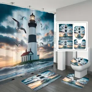 1/4PCS Nautical Lighthouse Bathroom Set – Polyester Curtain, Includes U-Mat, 12 Durable Hooks, Modern Style, All-Season High Quality Bathroom Decor, Easy Clean, Housewarming Gift