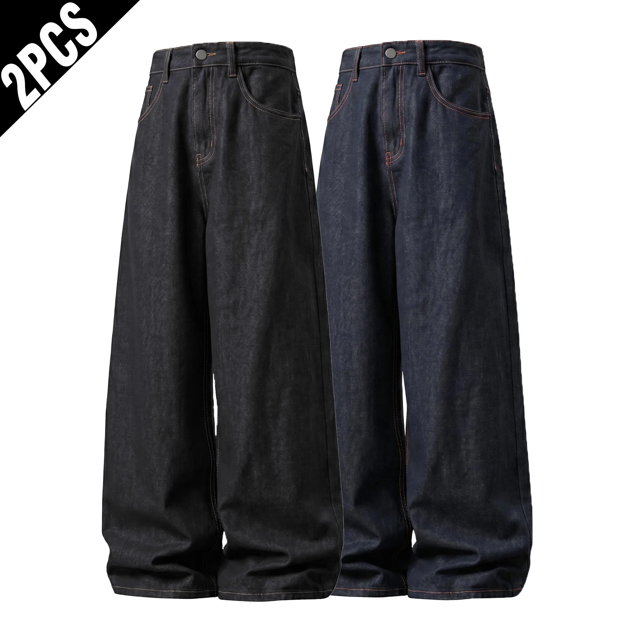 Men's 2-Pack Multi-Size Orange Stitch High-Waist Wide Leg Raw Denim Pants - Plain, All Seasons Oversized Below-Ankles Menswear, Vintage Hip Hop Streetwear Baggy Trousers