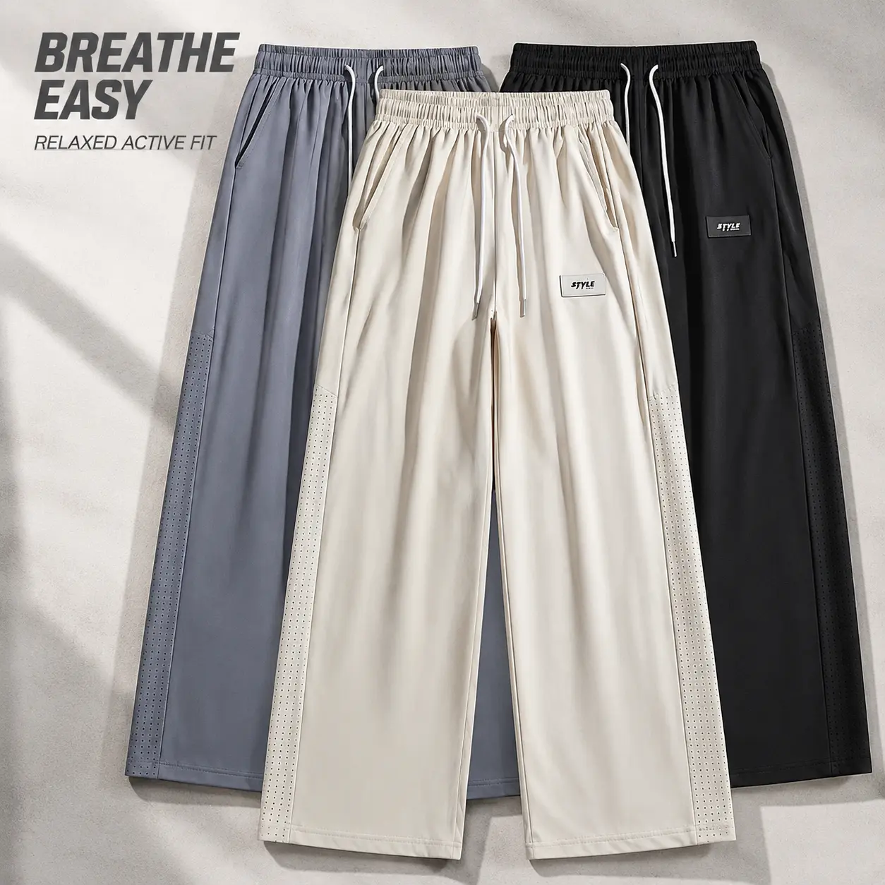 Men's Breathable Mesh Straight-Leg Casual Pants, Elastic Drawstring Waist Quick Dry Trousers With Side Perforated Design For Gym Jogging Daily Wear
