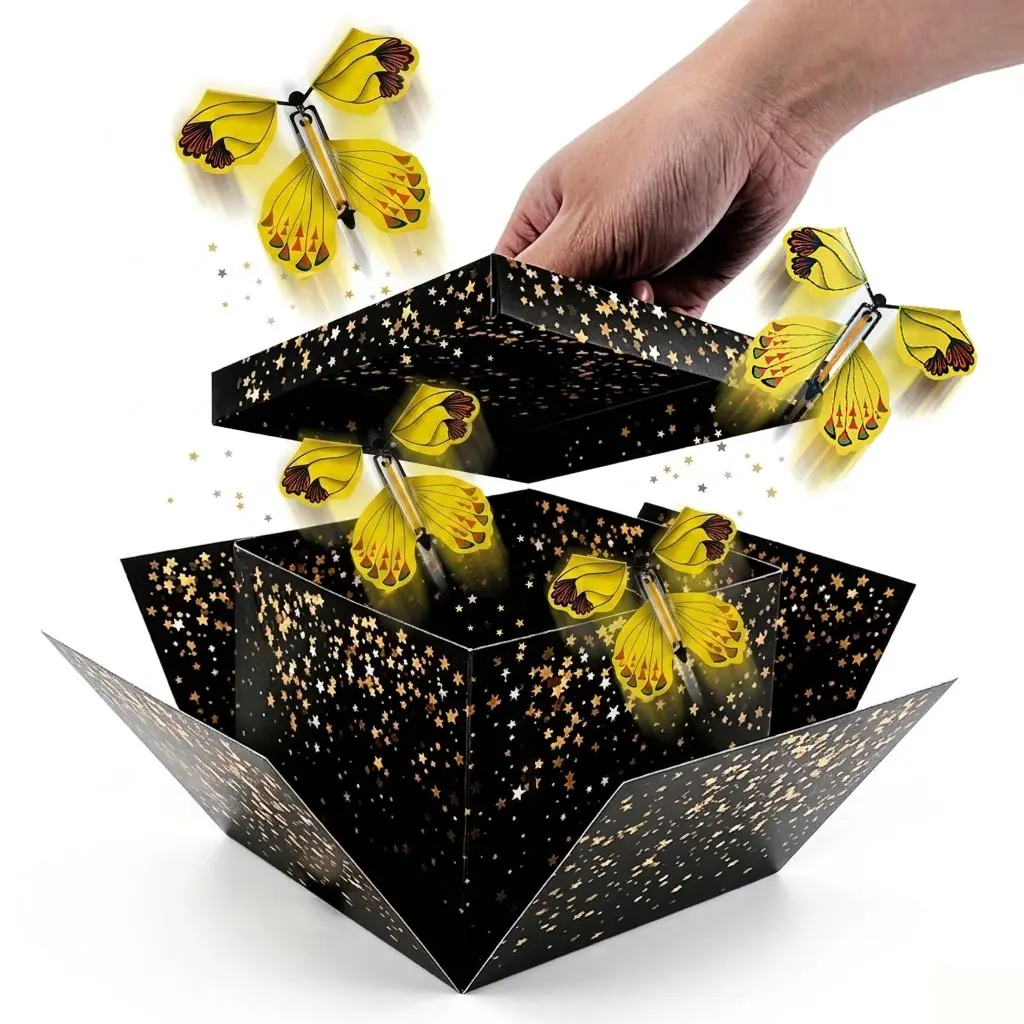 Elegant Reusable Paper Surprise Box, Includes Dual Layer Box, 4 Butterflies, Card, Perfect for Any Age, Christmas, Birthday, Party, Graduation