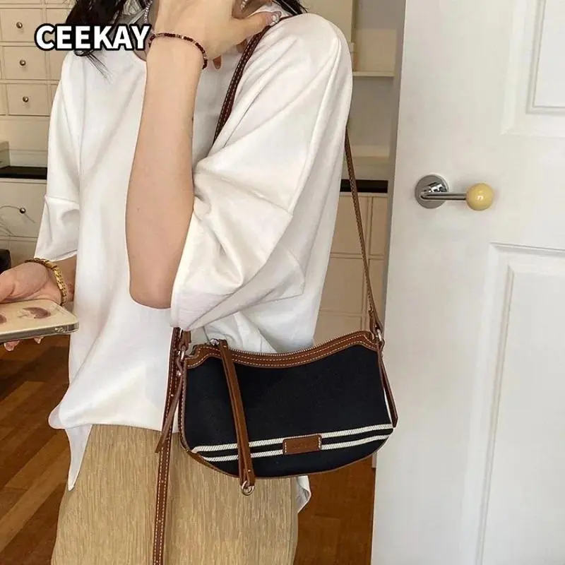 CEEKAY Retro Stripe Canvas Underarm Bag PU Edge Silver Hardware Light Portable Shoulder Purse for Campus Soft Feminine Daily