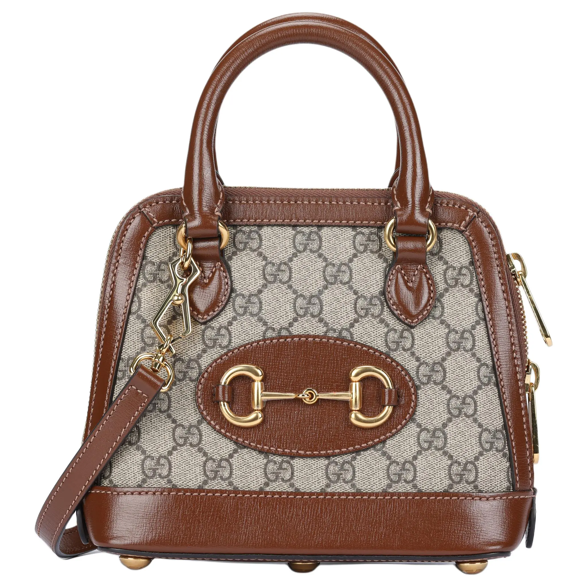 Gucci Horsebit 1955 Vintage Gold-Tone Logo Canvas and Leather Shell Bag for Women, Ebony and Brown