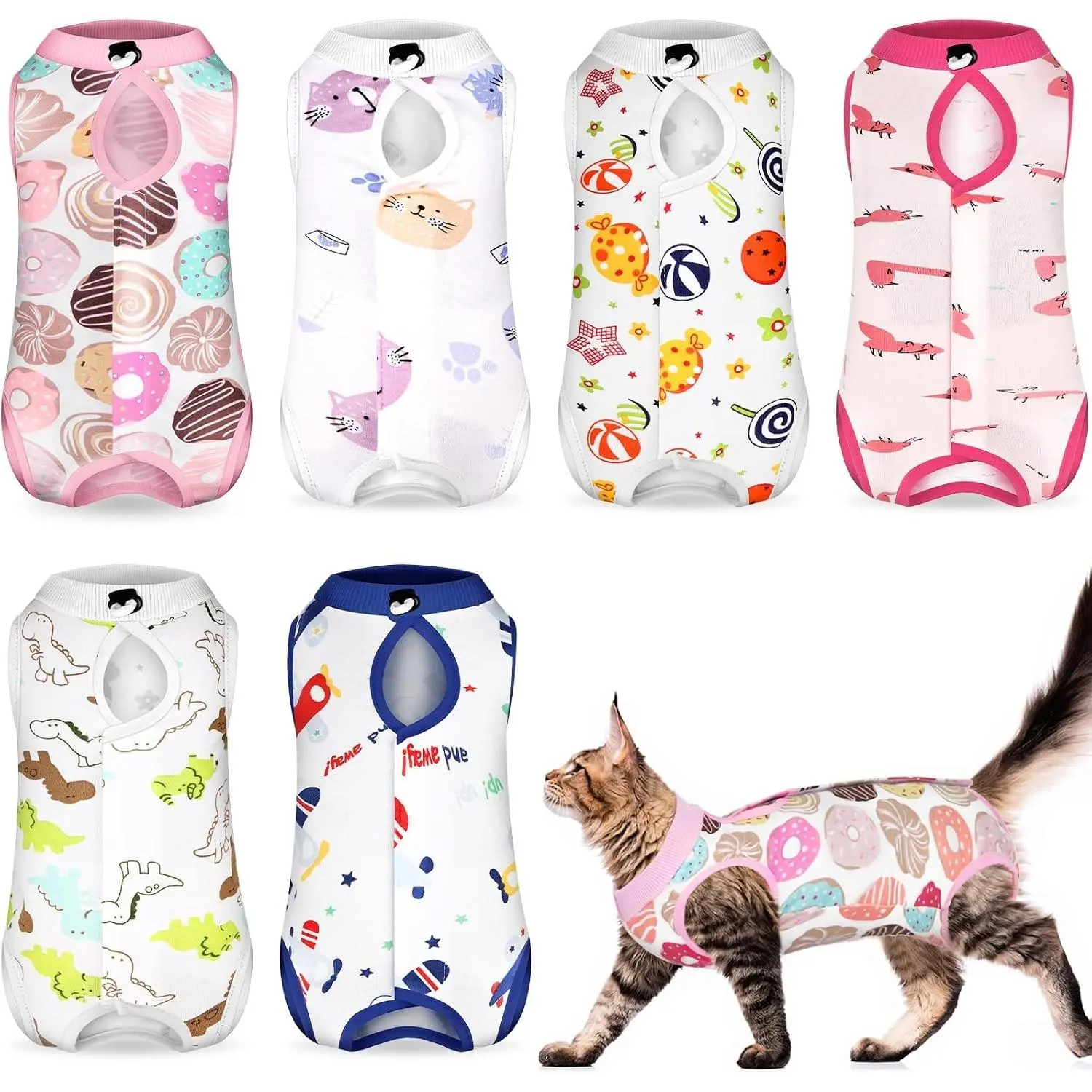 6 Set Cat Recovery Suit After Surgery Female and Male Cat Kitten Surgery Suit E Collar Alternative Pajama Kitty Clothes for Spay Abdominal Skin Anti Licking(Animal,Medium)
