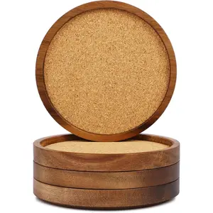 Wooden Drink Coasters Set of 4, 4.2 inch Stackable Absorbent Cork Coasters for Tabletop Protection, Rustic Coasters for Coffee Drinks Home Decor