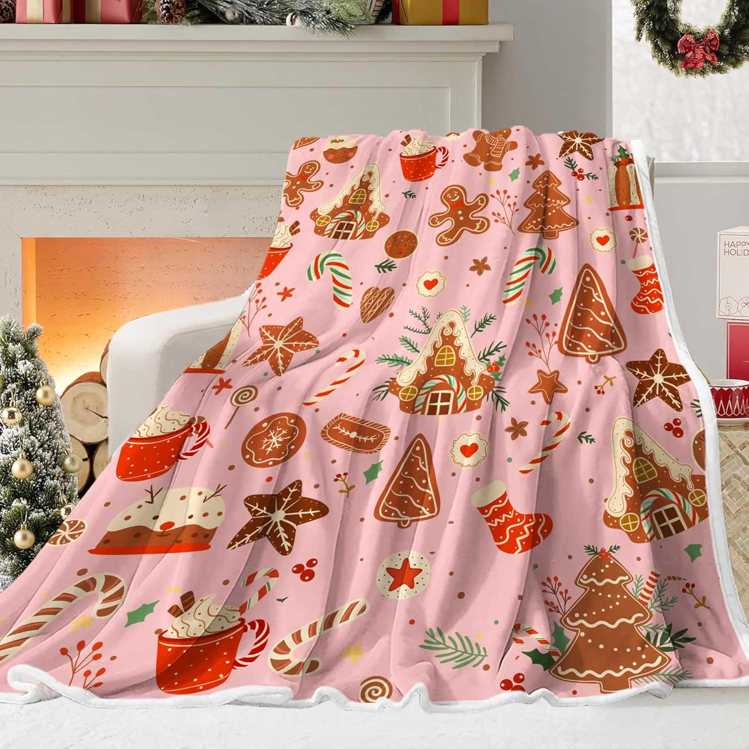 Pink Christmas Gingerbread Man Throw Blanket, Winter Cute Star Snowflakes Candy Cane Throws Blankets, Xmas Soft Lightweight Holiday Blanket for Couch Sofa Bed Chair Living Rooms Decor