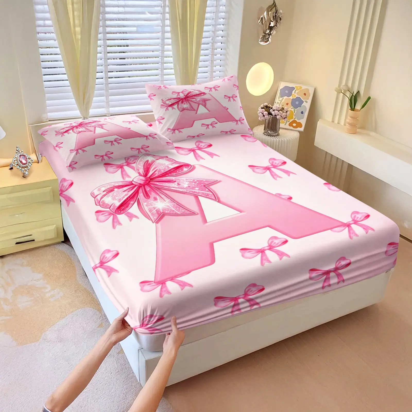 Pink Bow Letter A~Z Pattern Fitted Sheet Set, 3Pcs Sweet Y2K Aesthetic Bedding Set, Bedding With Sheets, Deep Pocket Mattress Sheet, Personalized Letter Bedroom Decor, Gift for Letter Lovers. 2 Pillowcase, No Filling