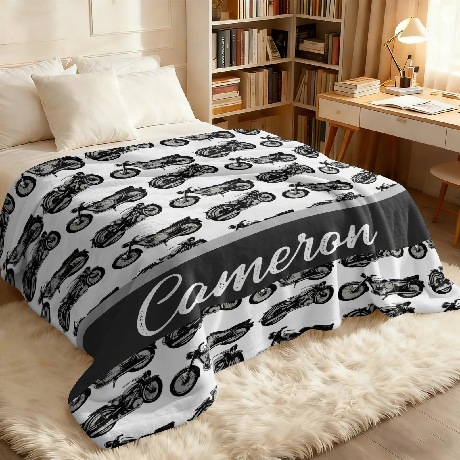 Vintage Motorcycle Sketch Flannel Blanket-Black White Classic Motorbike Full Print-Soft Plush-Boys & Motorcycle Enthusiast Office Nap Mat/Sofa Air Conditioning Throw/Car Heating Cover/Bedroom Decor