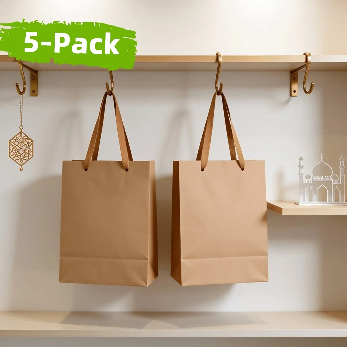 5-Piece Kraft Gift Bags with Handles, 7.9x3.9x11 Inches, Ideal for Eid Al-Adha, Ramadan Party Gifts, Reusable Storage Pouches