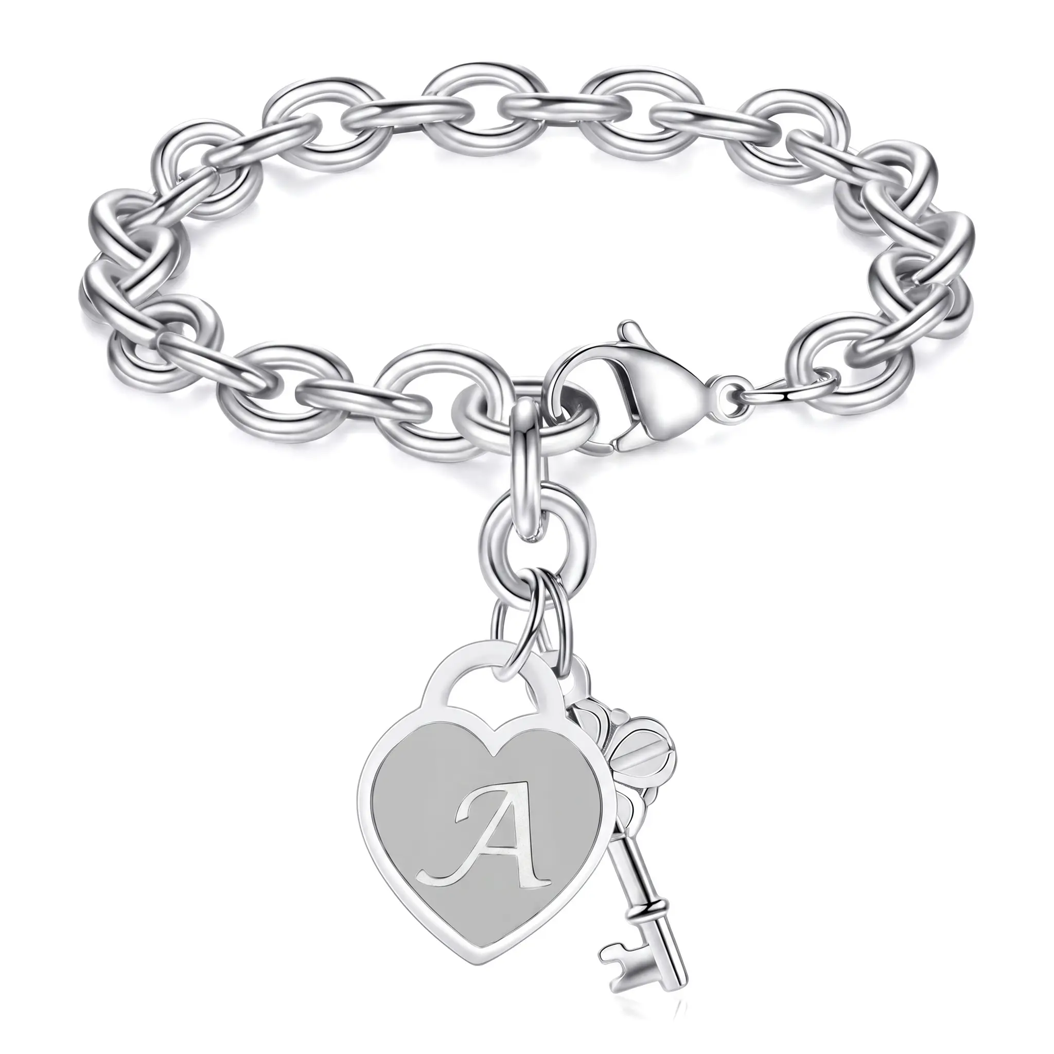 Custom A-Z Alphabet Heart Charm Bracelet Made Of Polished Stainless Steel, Flexible Adjustable Band Design, Trendy Personalized Wrist Ornament Suitable For Daily Matching, Vacation Trips, Friendship Presents And Name Custom Jewelry Collection