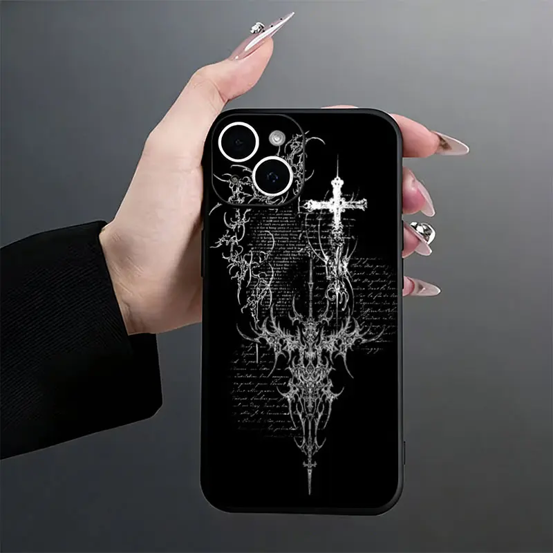 Gothic Cross Script Phone Case, Vintage Dark Aesthetic Style for iPhone 17 16 15 14 13 12 11 Plus Pro Max, Cool Unique Art Gift.