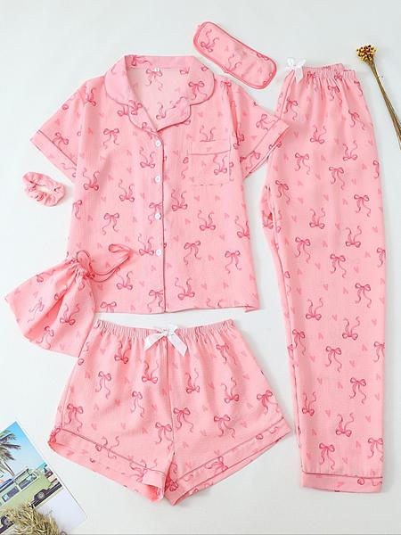 Women's All Over Print Top & Shorts & Pants & Accessories Pyjama Set, Casual Comfy Pj Set, Ladies Sleepwear for All Seasons Pajamas