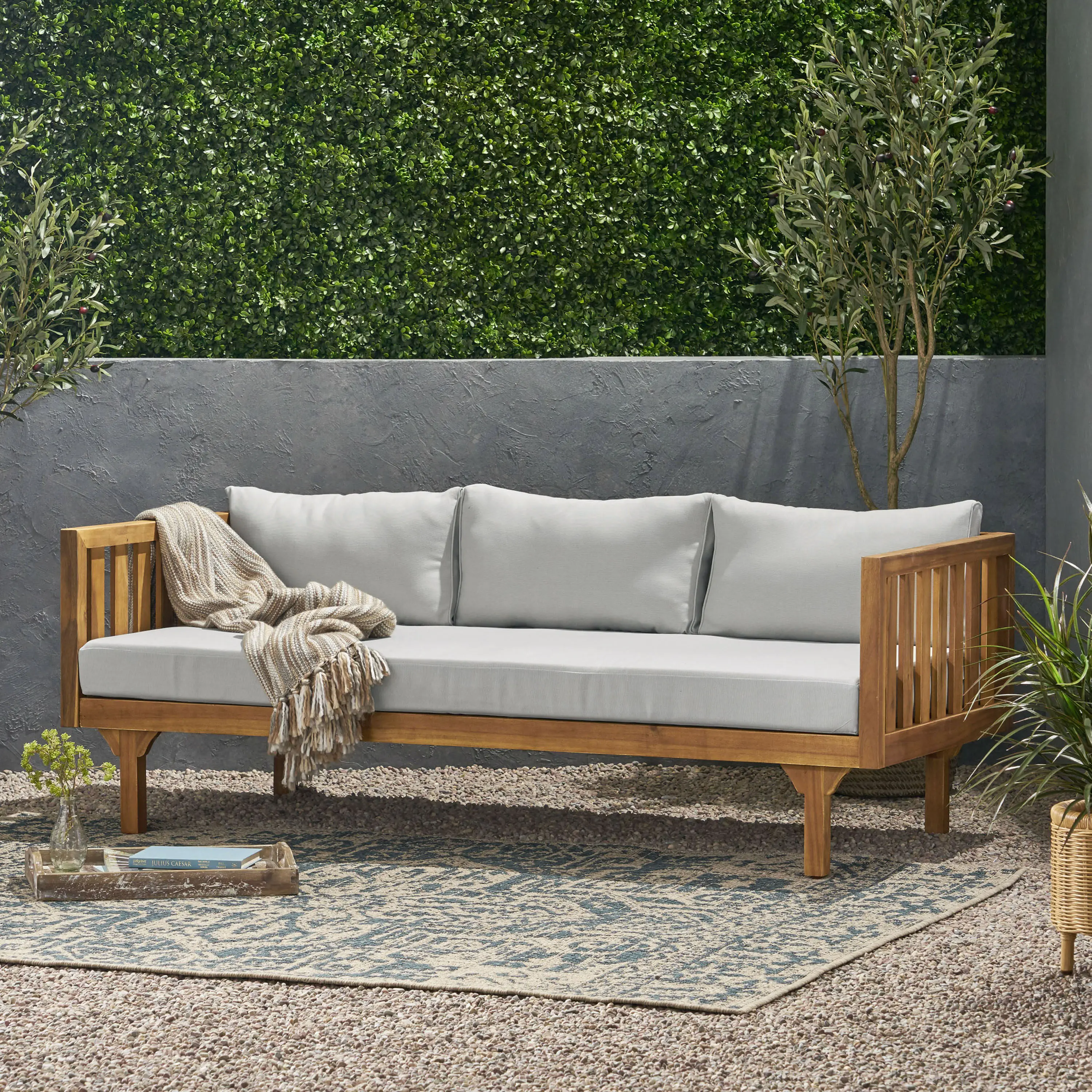ARCH Claremont 3-Seater Acacia Wood Daybed - Teak Finish, Water-Resistant Cushions, Slat Panel Backrest, Durable, Easy Spill Cleanup, Resists Darkening, Wipe Spills Promptly, 67.75"W x 32.25"D x 24"H, Outdoor Patio Lounger Sofa Bed, Single Box, Casual, Ga