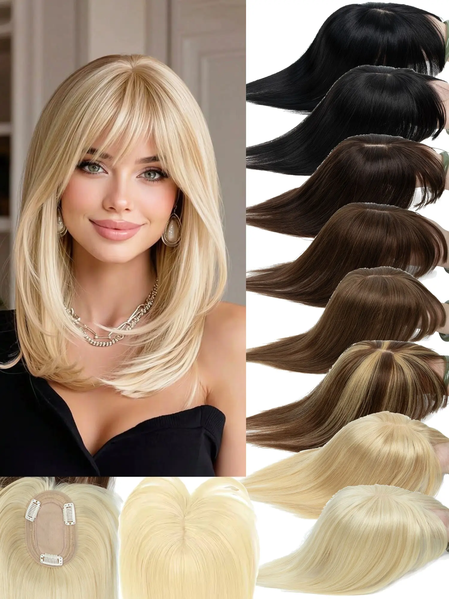 8x12 Topper with Bangs, Soft Human Hair, Invisible Breathable Base, Increases Hair Volume, Ideal for Casual Dating & Various Occasions