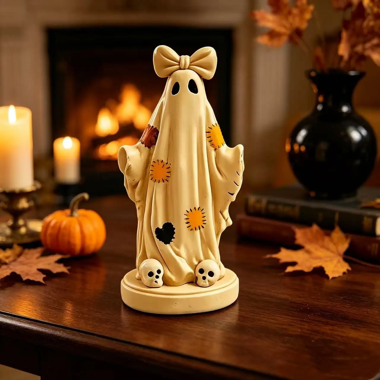 Retro Stitched-Patch Ghost Statue with Big Bow, Resin Figurine, Rustic Farmhouse Style, Halloween & Thanksgiving Decor, Interior Ornaments