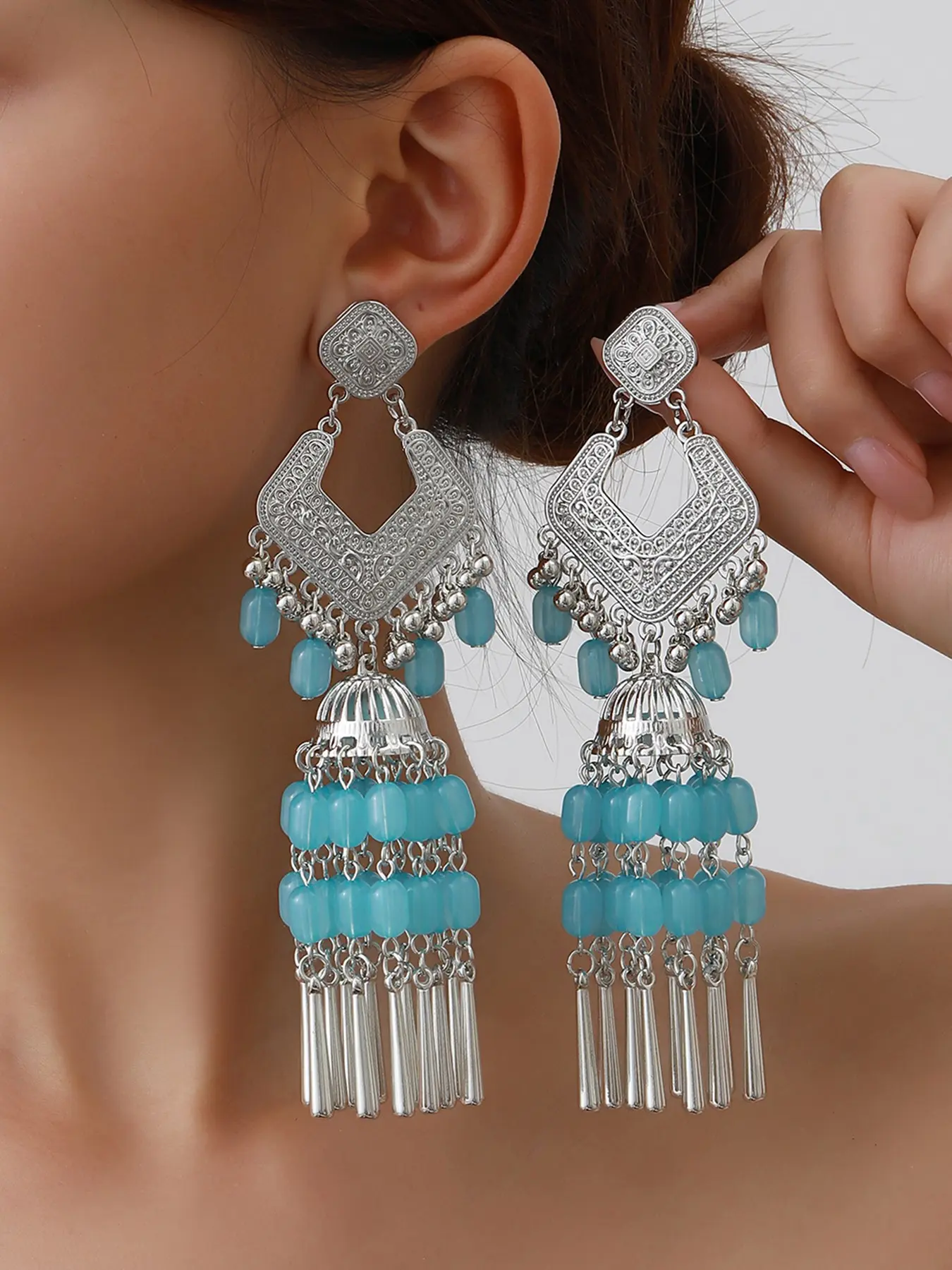 Vintage Silver Boho Indian Jhumka Earrings for Women, Ethnic Gypsy Tribal Statement Dangle Earrings, Oversized Bead Metallic Pipe Tassel Drop Earrings, Summer Beach Music Festival Accessories (8 Colors)