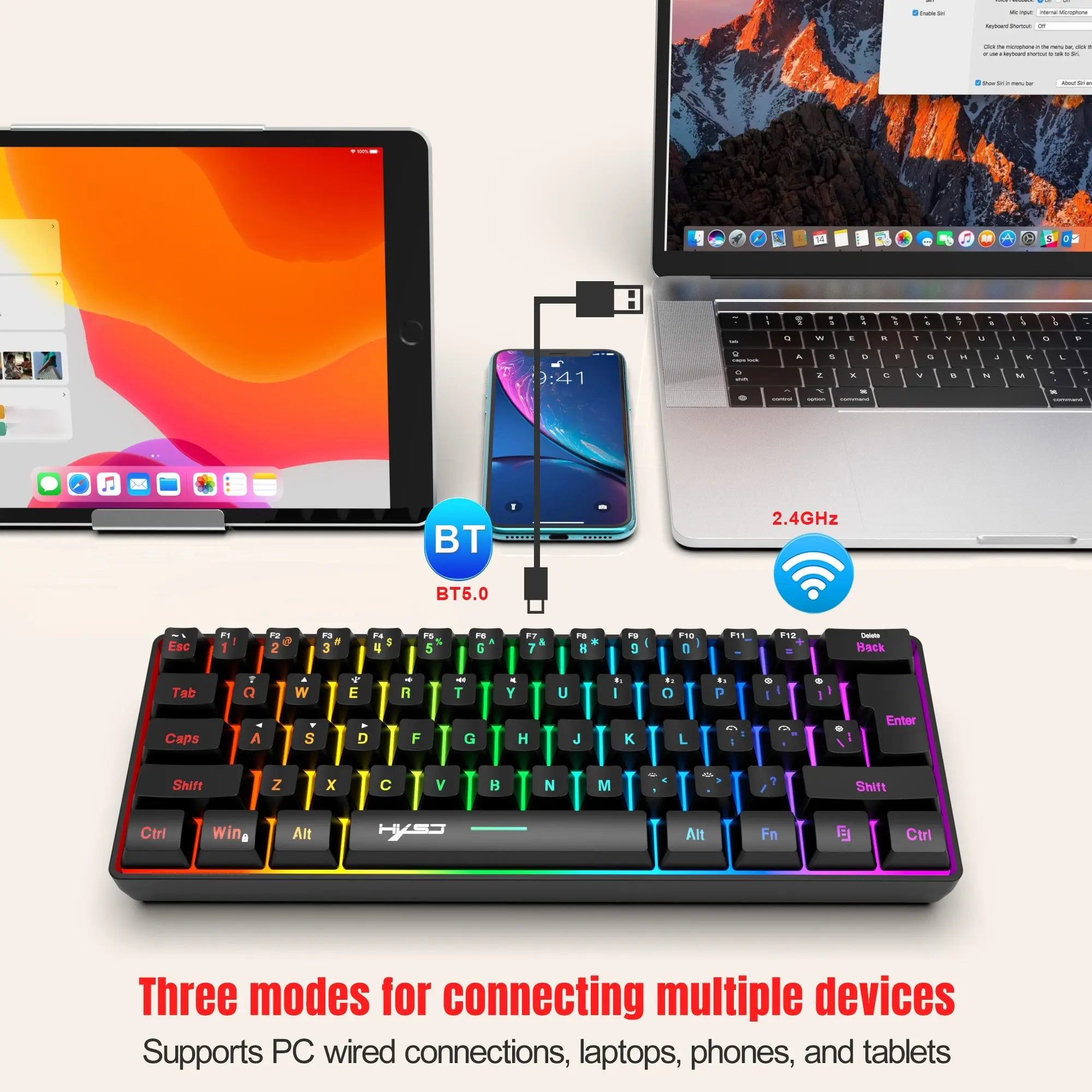 Wireless Gaming Keyboard, 61 Keys Triple Mode, Bt5.0/2.4g/USB-C, RGB Backlit, Ultra Compact, Ergonomic, Waterproof, for iPad/MAC/windows/xbox