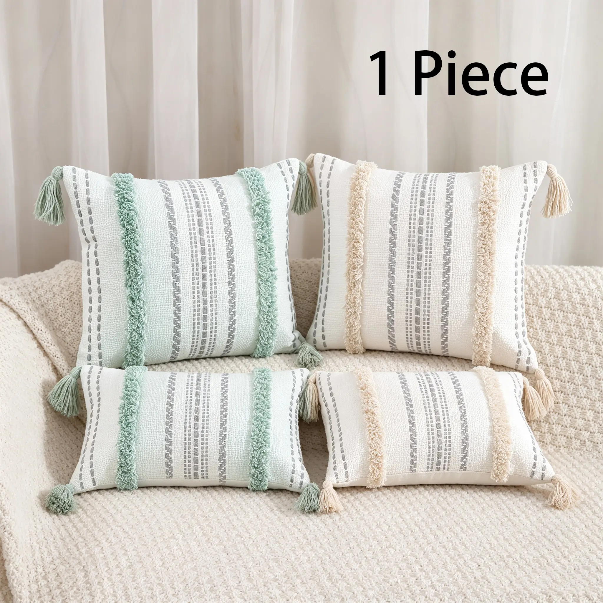 Bohemian Farmhouse Style Pillowcase, Comfy Soft Cotton Yarn Base, Braided Fringe, Suitable for Sofa, Recliner, Bedroom, Car Interior