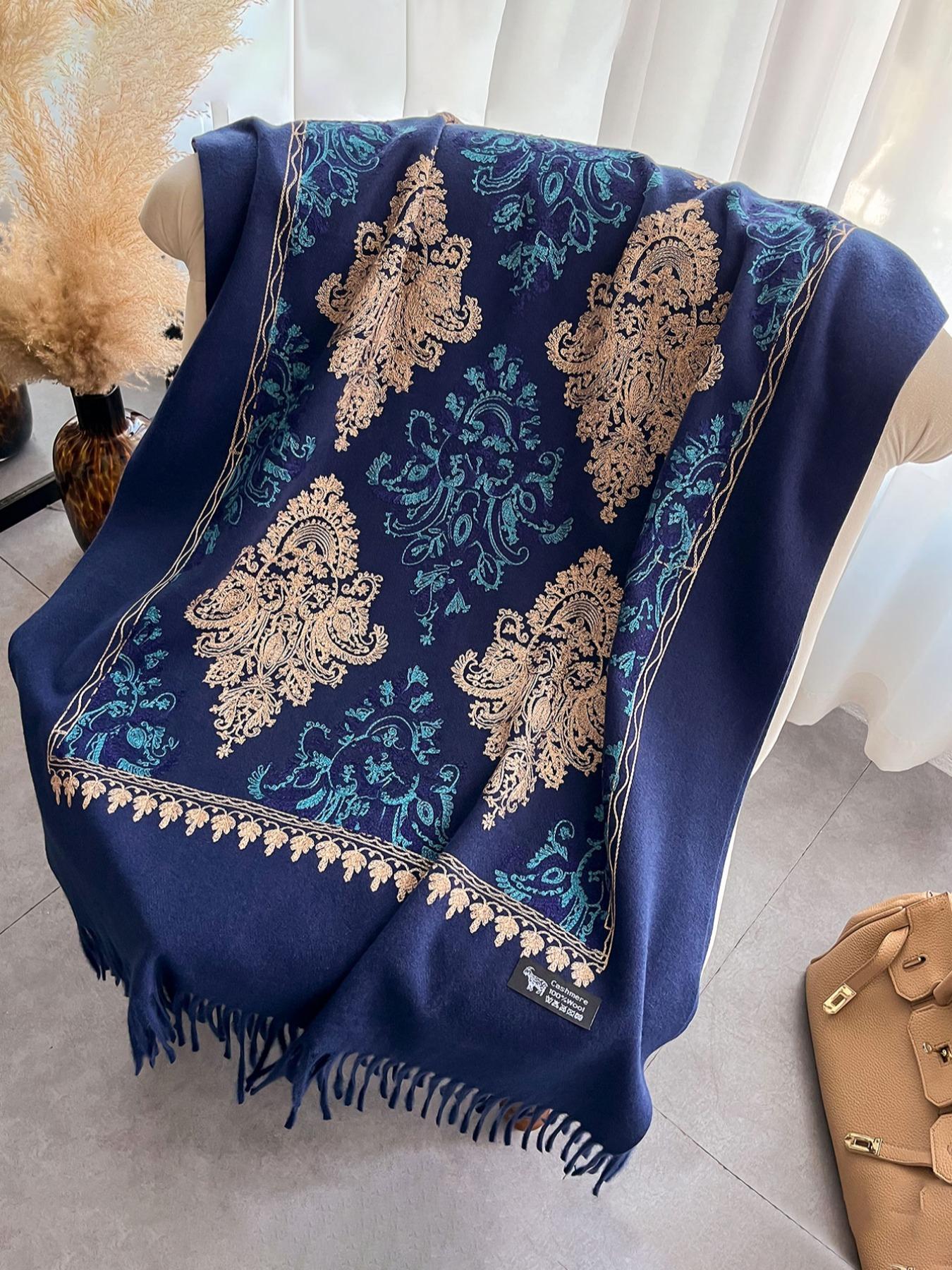 Boho Style Floral & Paisley Embroidery Tassel Decor Shawl, Trendy Casual Soft Warm Double Sided Scarf for Fall & Winter, Fashion Accessories for Women & Men