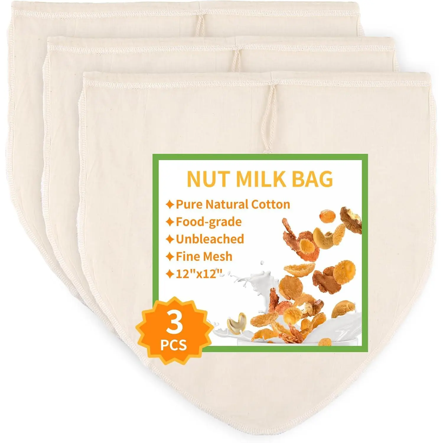 3 count 12"x12" Nut Milk Bag, Cheesecloth Cheese Cloth Bag for Straining |  Unbleached   Strainer Bag for Oat Almond Milk, Cheese Making, Yogurt, Juice, Cold Brew Coffee,