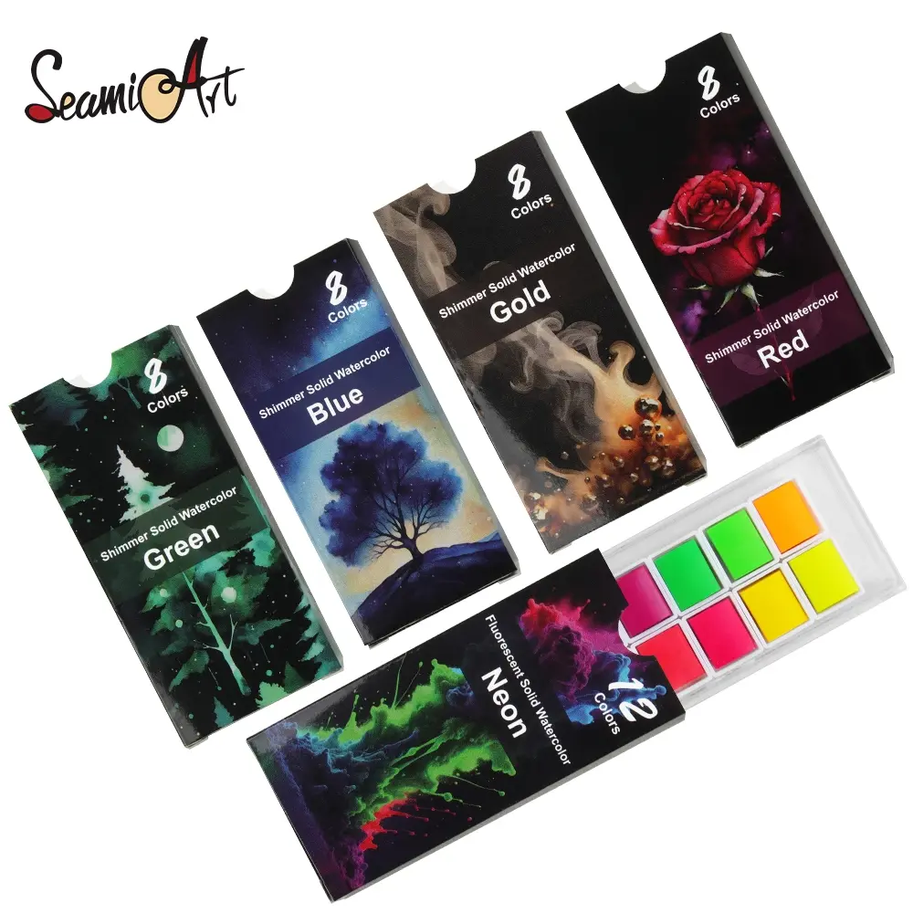 SeamiArt Portable Glittery Metallic Solid Watercolor Set - 8/12-Color Acrylic Paints for Nail Art Painting, Office Stationery Art Supplies