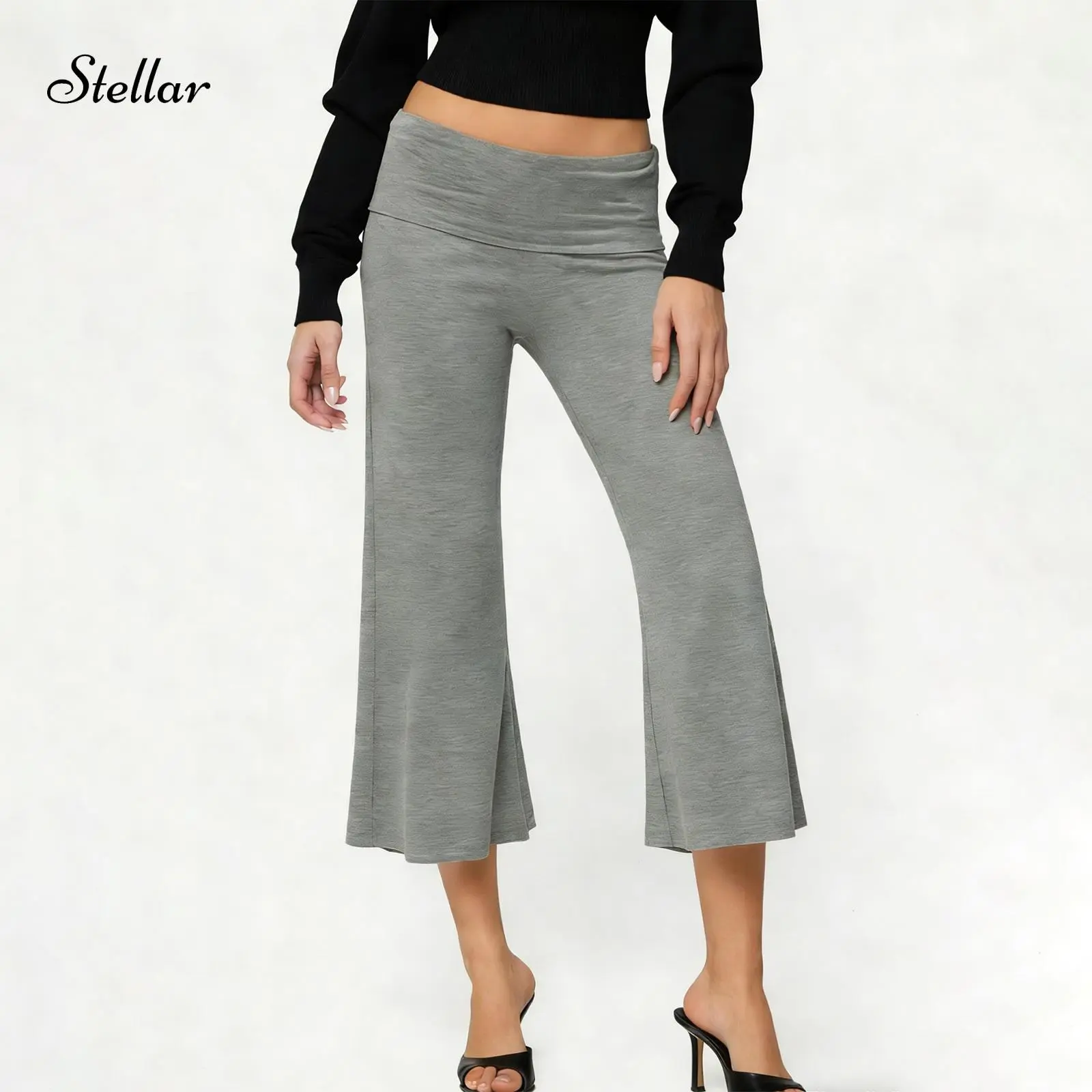 Casual Wide-Leg Culottes for Women - Fold-Over Waist Cropped Pants, Minimalist Chic Design for Work & Weekend, Stretchy Soft Knit Fabric