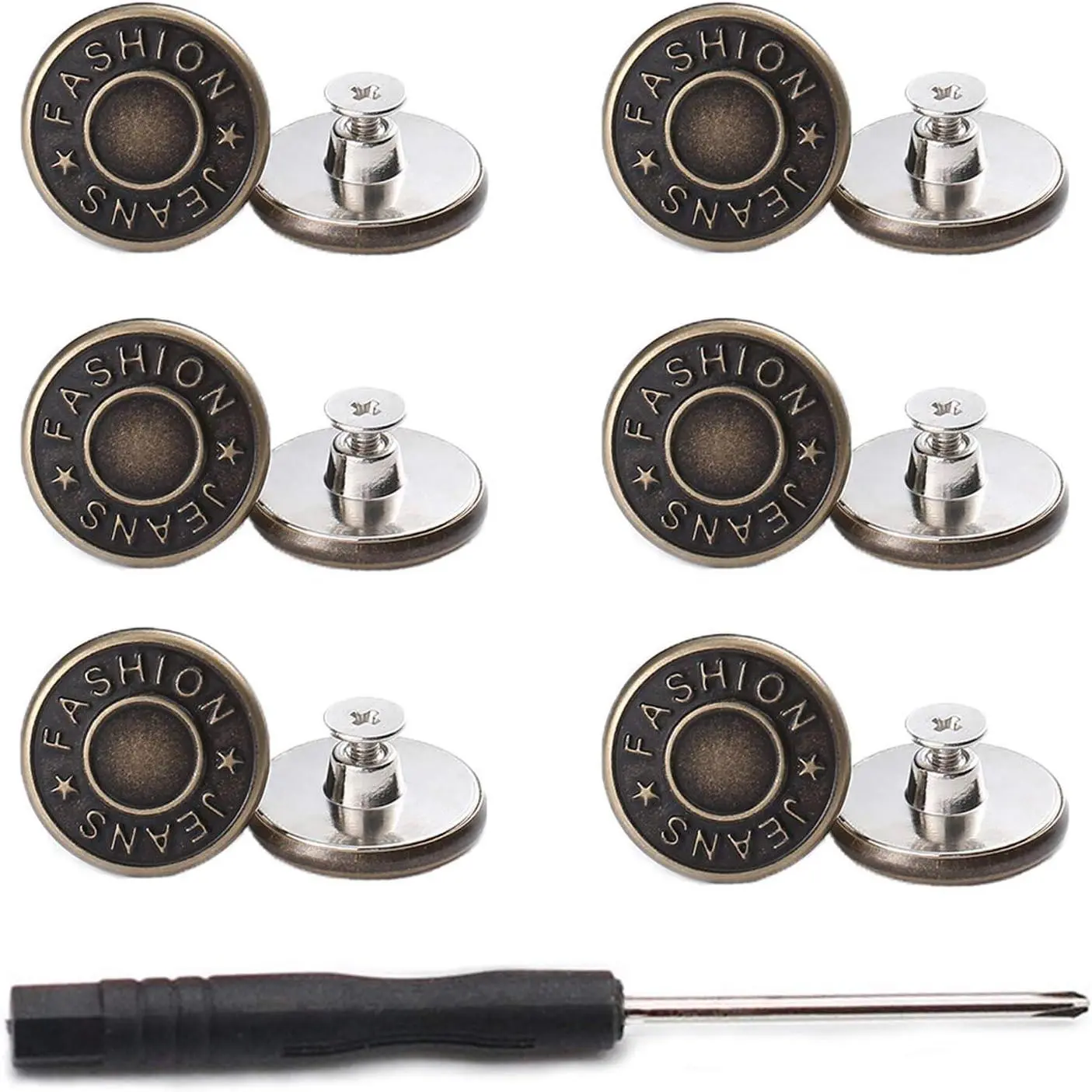 17mm No Sewing Jeans Buttons  Kit, 12 Sets, 0.67 inch | Metal Base, Nailess Removable, Thread Rivets & Screwdrivers Included