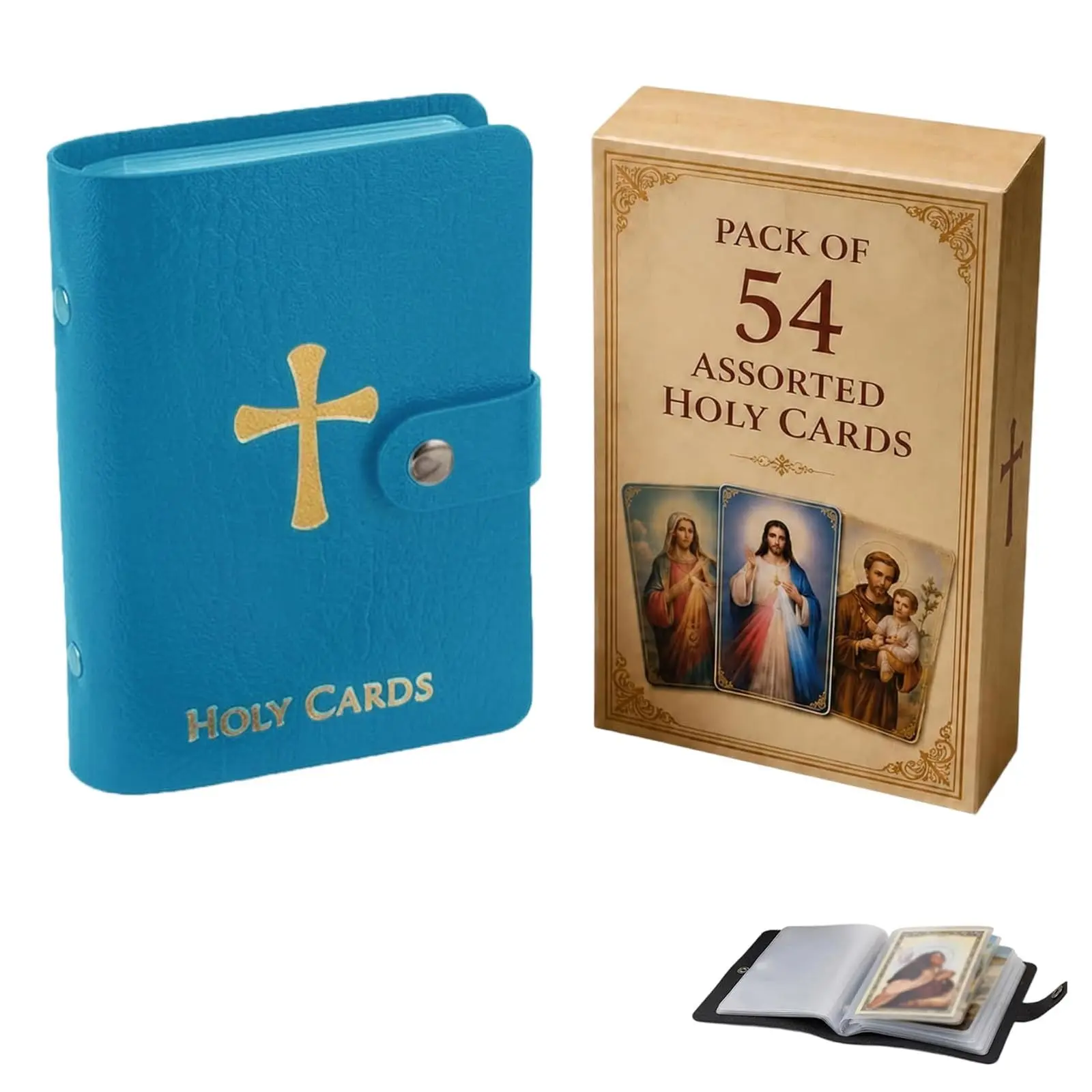 Catholic Prayer Card Holder Set, Includes 54 Authentic Prayer Cards, Leather-Like Wallet with Snap Closure, Ideal for Religious Worship