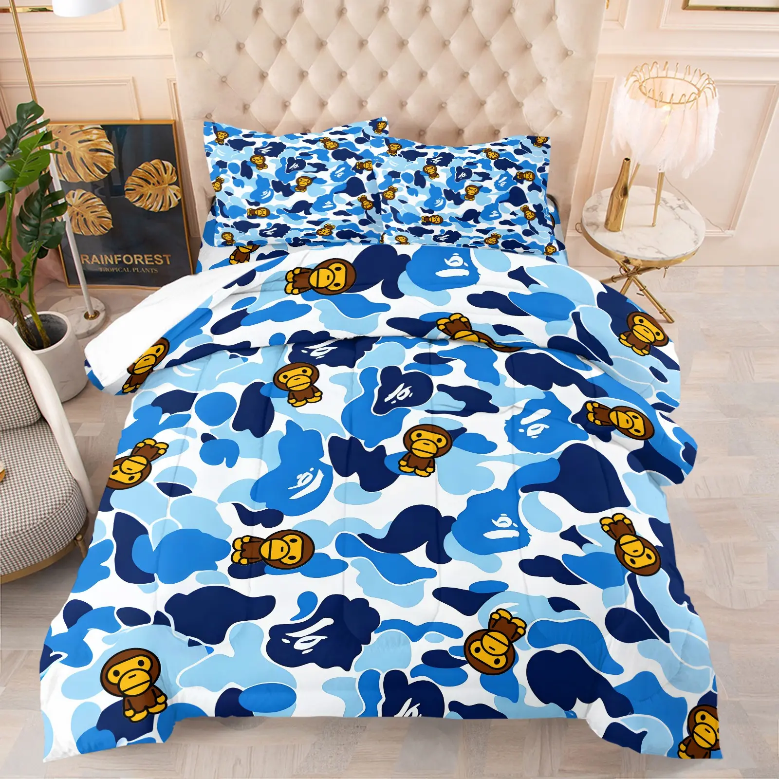 Streetwear Blue Camo Cartoon Ape Print Bedding Polyester Comforter Set, Includes 1 Comforter and 1-2 Pillowcases, Trendy Camouflage Baby Monkey Pattern Print, Gift for Kids, Teens and Adults, Hypebeast Gift for Street Fashion Fans