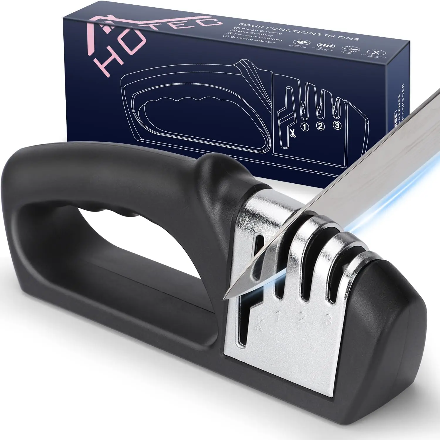 4-in-1 Manual Kitchen Knife Sharpener, Kitchen Accessories with 3-Stage Sharpening & 1-Stage Ceramic Stone, Tungsten Carbide Plates, Rods, Knives