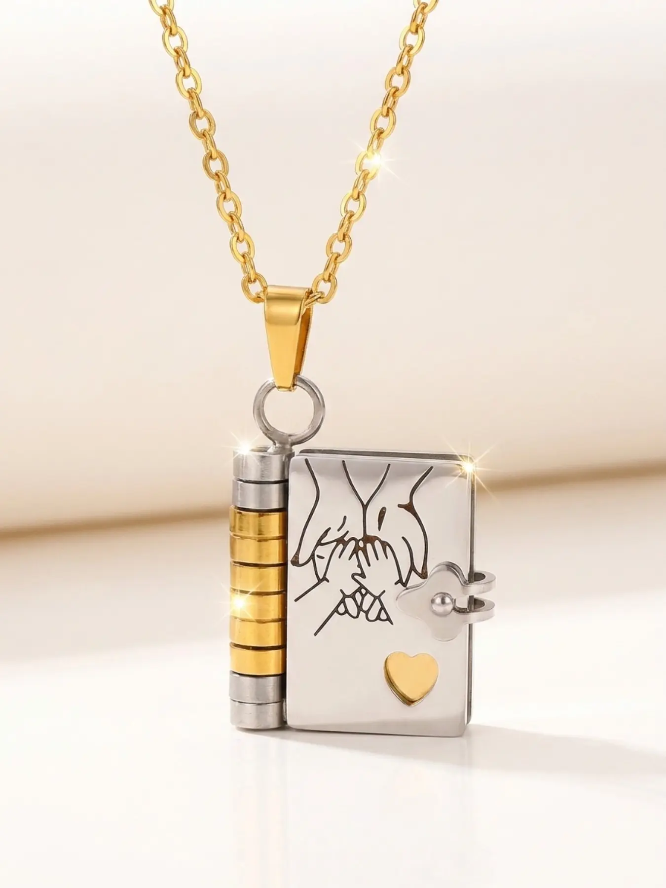 Stainless Steel Book Album Pendant Necklace, Waterproof Allergy-Free, Cute Cartoon Design, Perfect Gift for Daughter's Anniversary