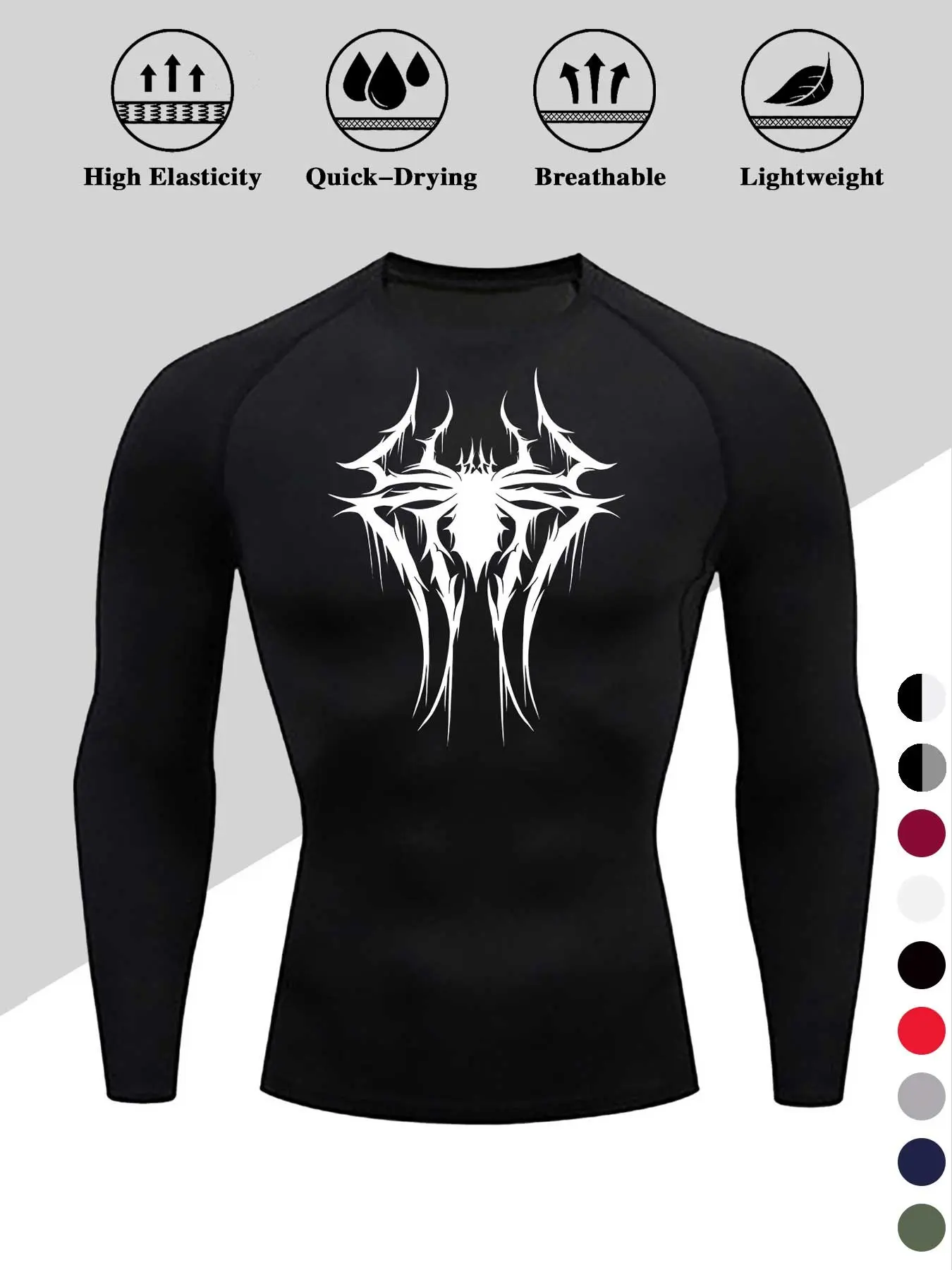 Men's Compression Long Sleeve Shirt, Tight-Fit Muscle Gym Top, Spider Print Chest, High Elastic Fabric, Breathable Design, Athletic Compression Shirts, Fitted Compression Shirts
