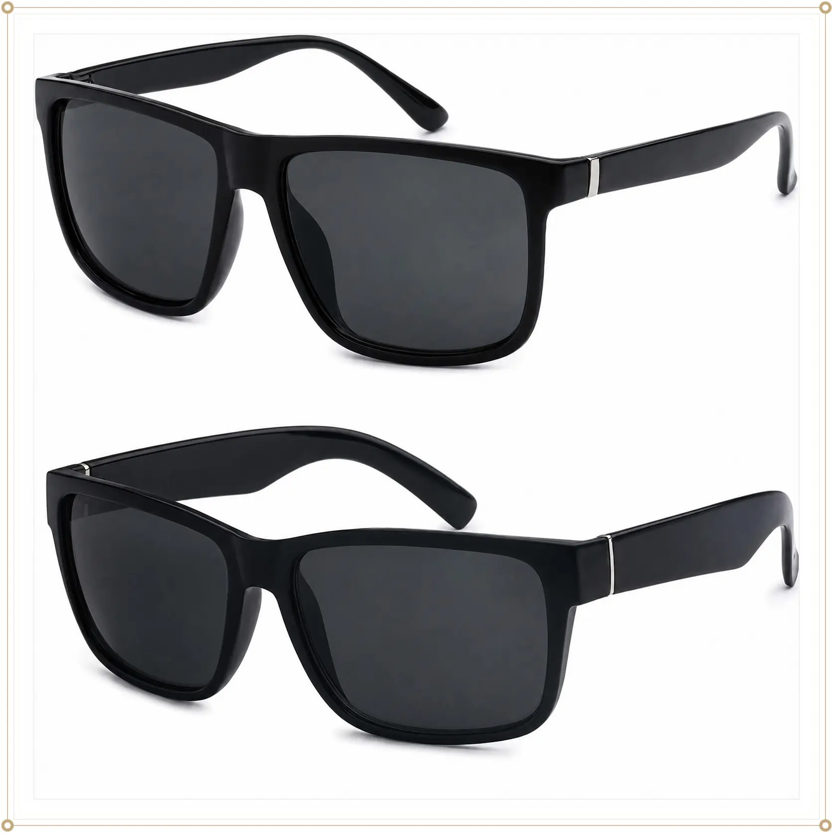 Men's 2 Pack Classic Black Rectangular Sunglasses - Gangster Cholo Lowrider Shades, 91055 + 91070Gift