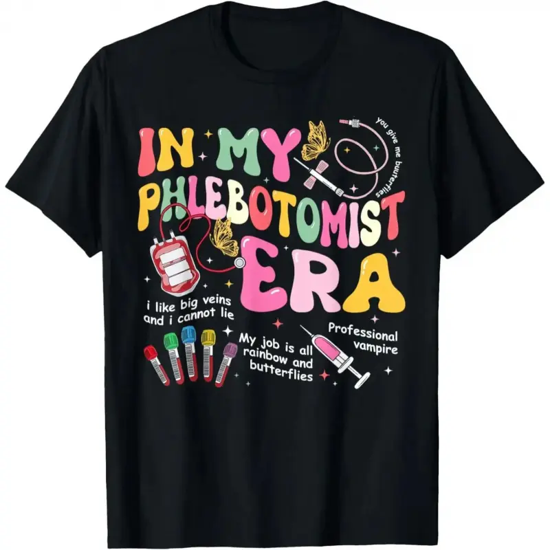 Groovy Phlebotomy Era Graphic T-Shirt for Nurses & Techs, Casual Crew Neck Loose Cut Tops in Breathable Soft Fabric, All Year Wear, Machine Wash
