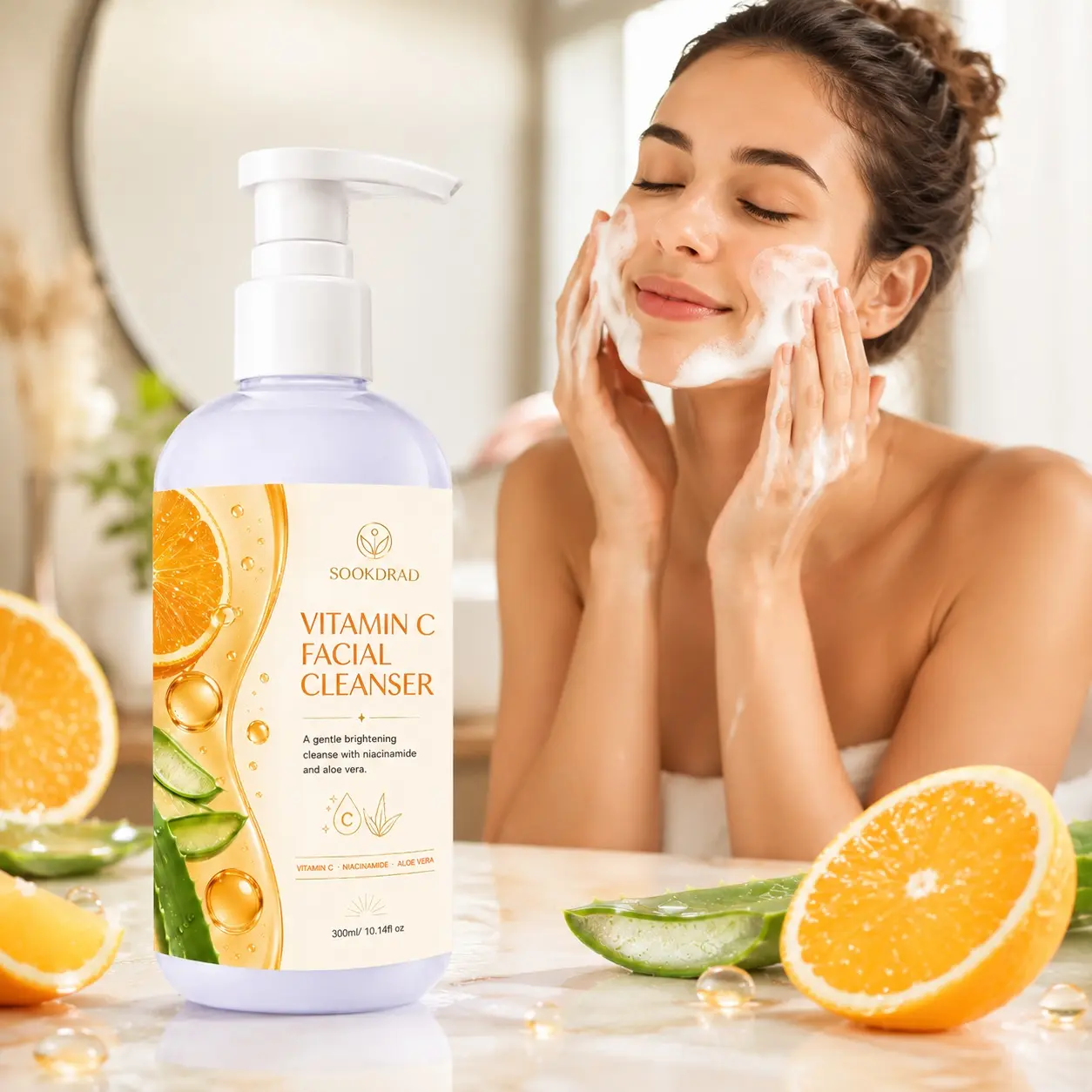 Vitamin C Facial Cleanser, with niacinamide, with aloe vera, gentle brightening cleanse, for face, all skin types, 300ml/10.14fl oz