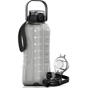 64 oz Water Bottle with Time Marker - 2in1 Straw & Chug Lid - BPA Free Big Water Bottle with Straw - Gym Water Bottle with Strap - Water Jug (64 Ounces, Gray)