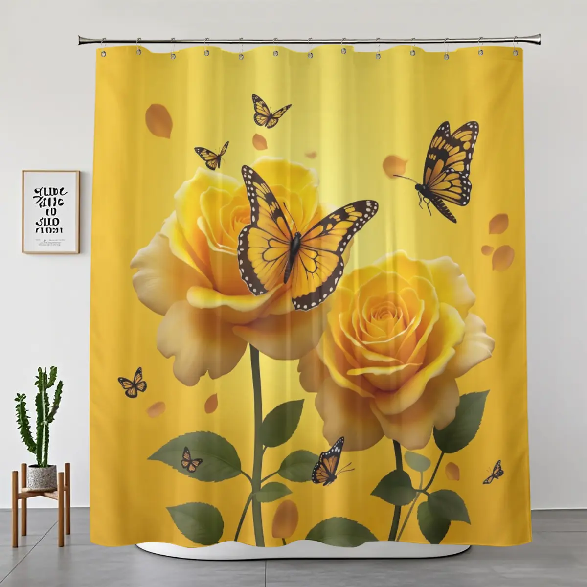 4-Piece Waterproof Shower Curtain Set, Yellow Rose & Monarch Butterfly Design, Vibrant Amber Floral with Falling Petals, Sunny Spring-Summer Bathroom Decor