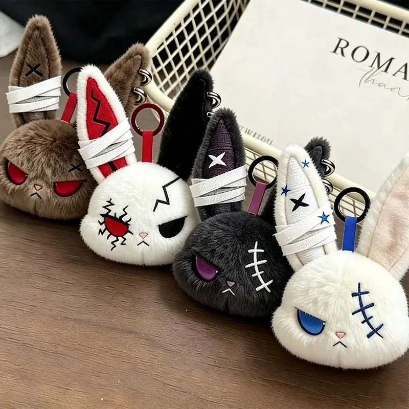 Gothic Bunny Plush Keychain RabbitBag Charm with Bandage Desian Kawaii Key Ring Pendant Car Bag Ornament Girl Child Gift To