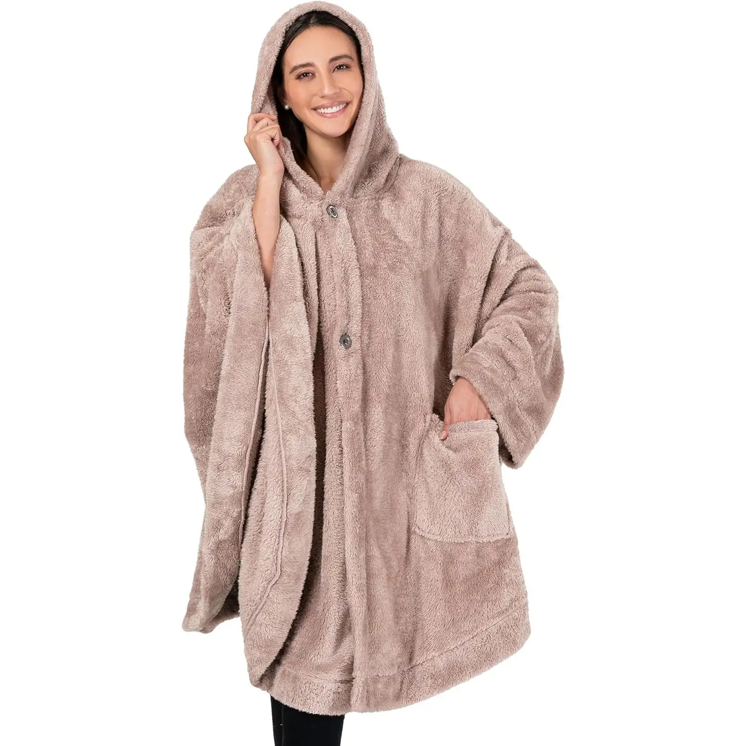Women's Modern Synthetic Fiber Sherpa Hooded Blanket Poncho - Cozy Wear with Pockets, Fuzzy Adult Home Use Wearable Wrap Cape Throw