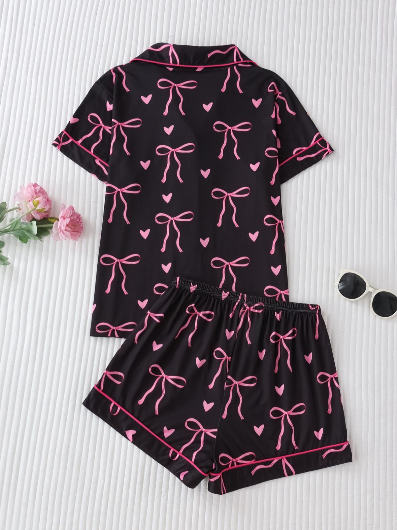 Women's Bow Print Short Sleeve Tee & Shorts Pyjama Set, Comfy Button Up Top & Elastic Waist Shorts Set, Ladies Sleepwear for All Seasons, Lightweight Loungewear, Sleepwear Pajamas Set, Matching Pj Set, Summer Sleepwear