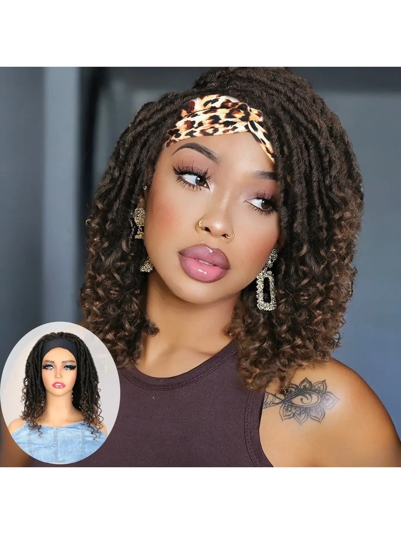 Short Dreadlock Wigs for Black Women 16 Inch Faux Locs Headband Wig Synthetic Hair Curly Ends T30 Ombre Dreadlock Wigs Easy Wear No Lace Soft Lightweight Braided Wigs For Daily Party Hairstyle