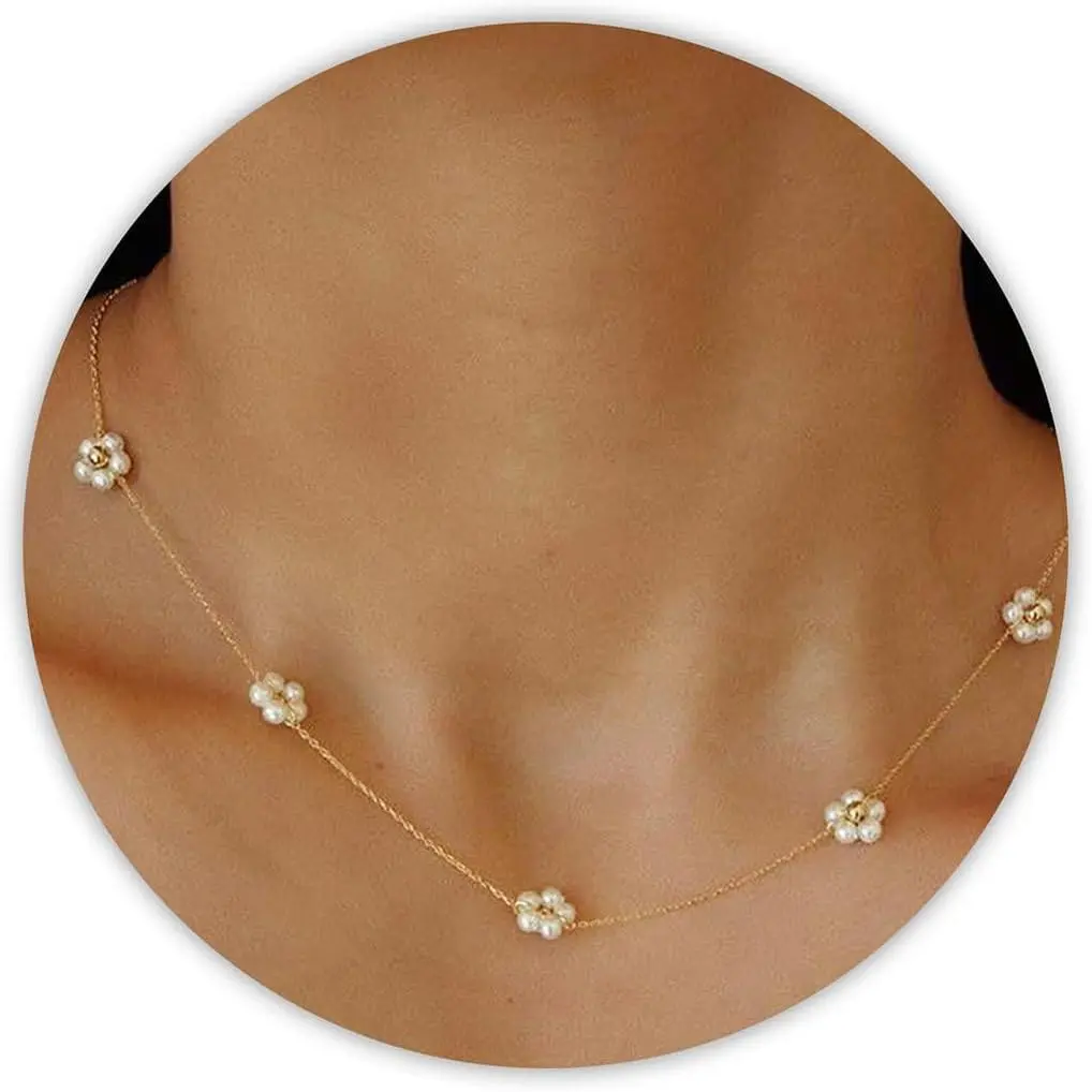 SmileBelle Pearl Necklaces, Daisy Pearls Choker for Women's Pearl Strand Necklaces as Silver and Gold Choker for Teens, Silver Daisy Birthday Gifts 3 Pearls White Necklace as Prom Bridesmaid gifts
